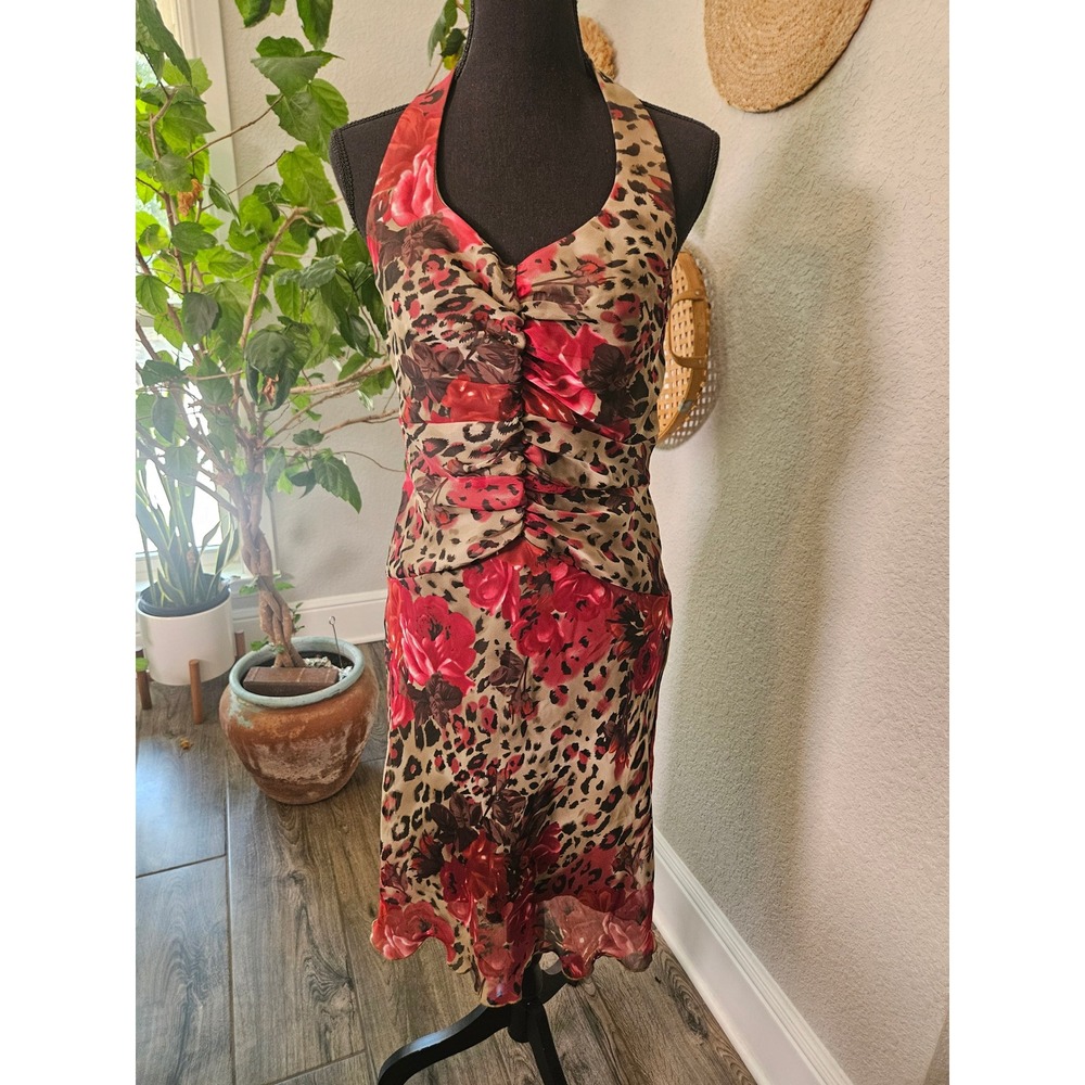 Floral‎ Leopard Print Halter Midi Dress Red Rose Animal Print Ruched Sheath